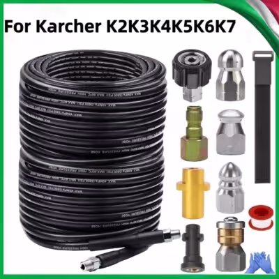 2M-35M Sewer Drainage Cleaning Hose Pipe Cleaning Kit Rotating Nozzle Kit 1/4 Button NPT Nose, For Karcher K2K3K4K5K6k7. 1