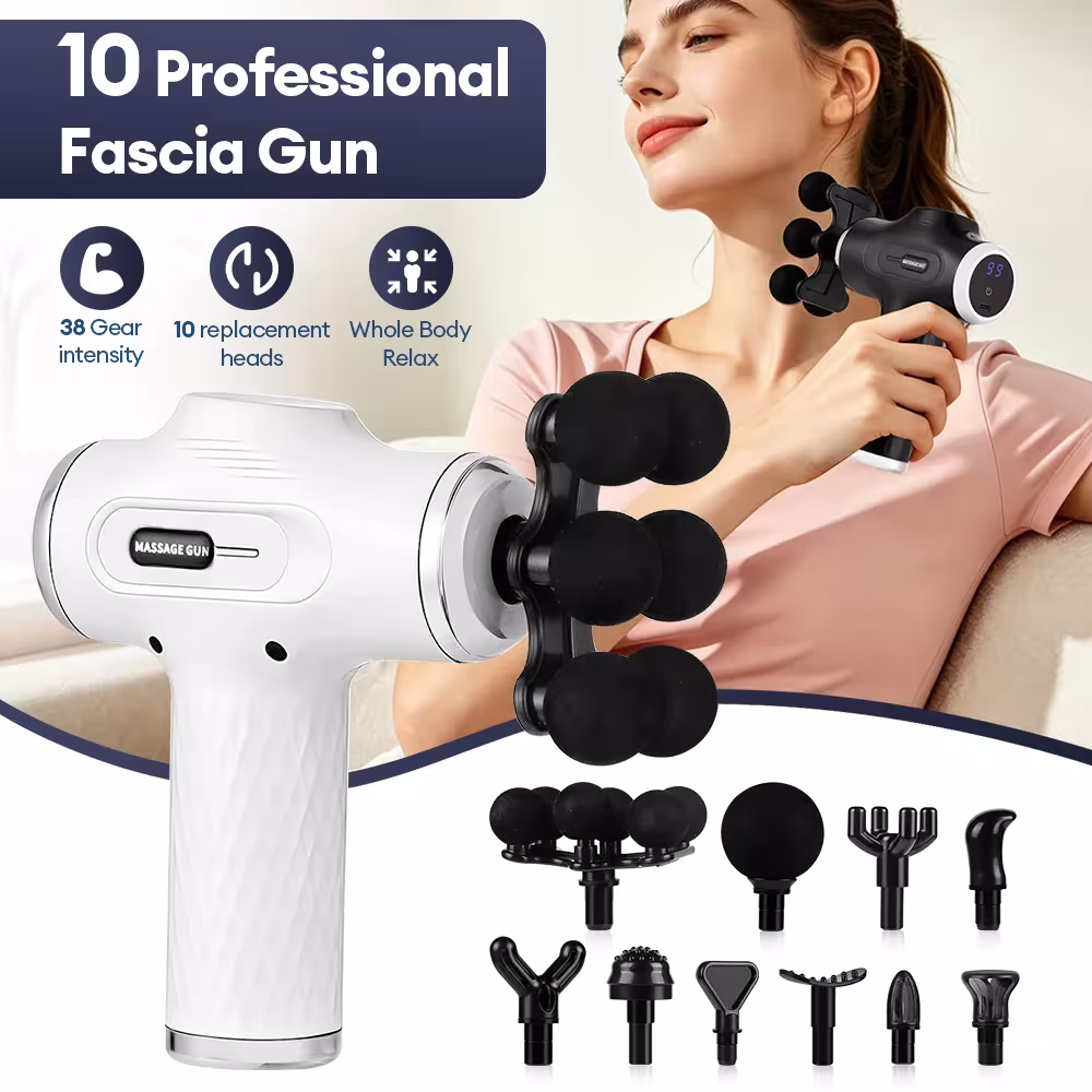 Pistolet de massage des fascias puissant avec 10 têtes interchangeables, pour la relaxation musculaire de tout le corps