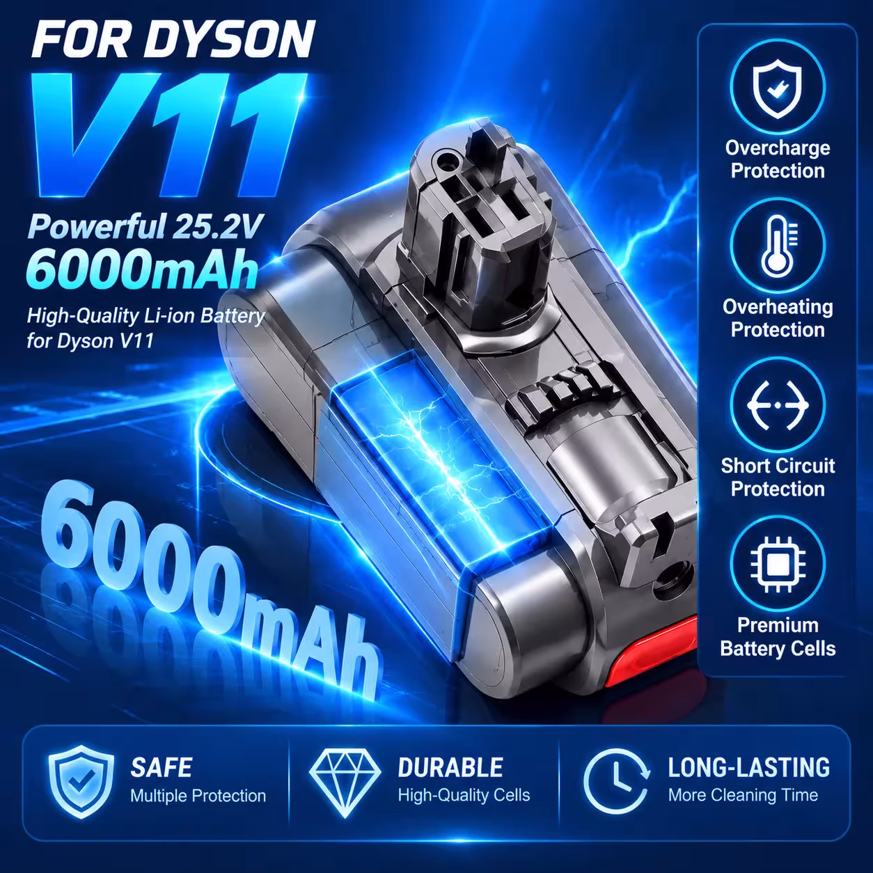 Batteria per modelli Dyson V11 e V15, 25.2V, 6800mAh, batteria agli ioni di litio