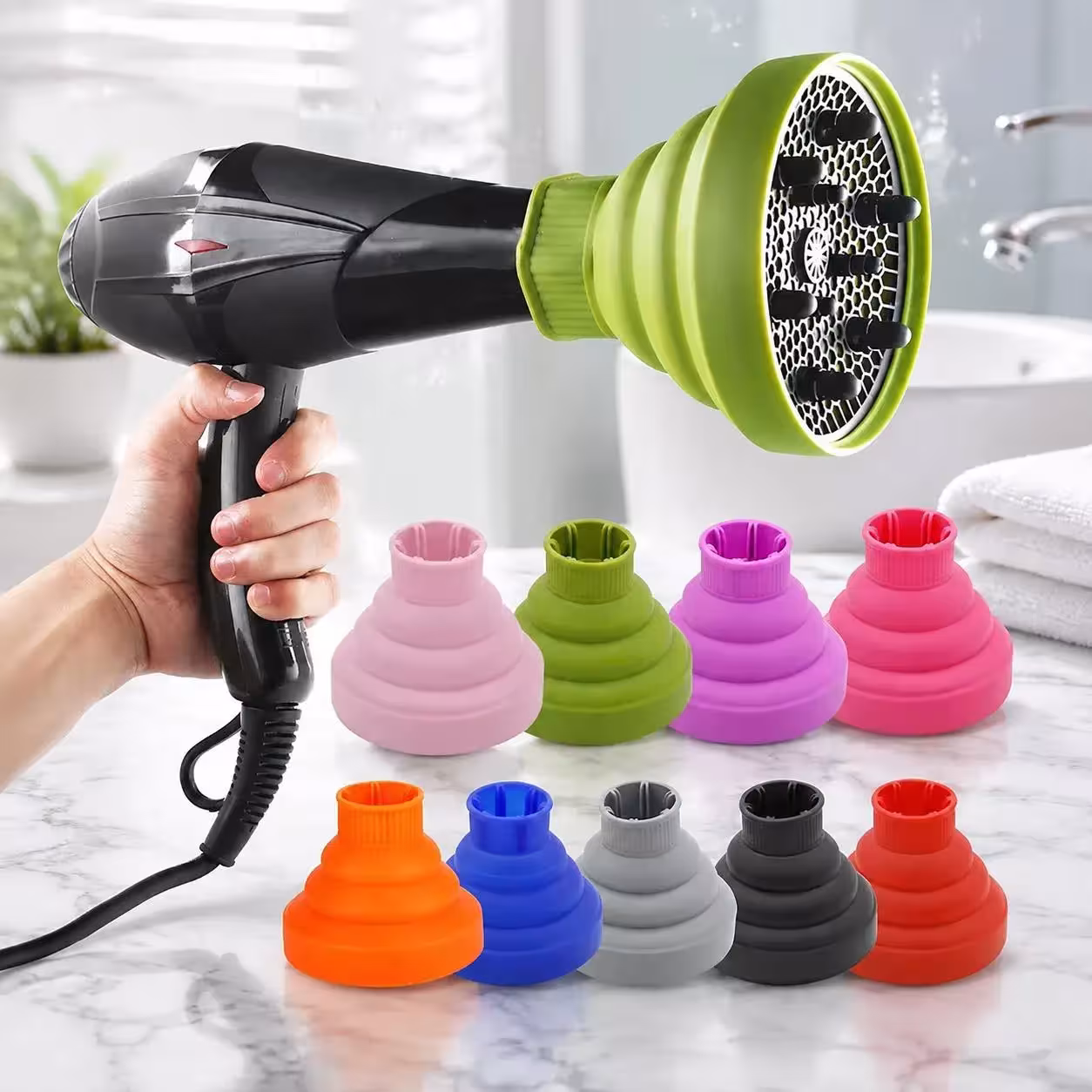 Diffusore pieghevole per asciugacapelli, ideale per capelli ricci con clip