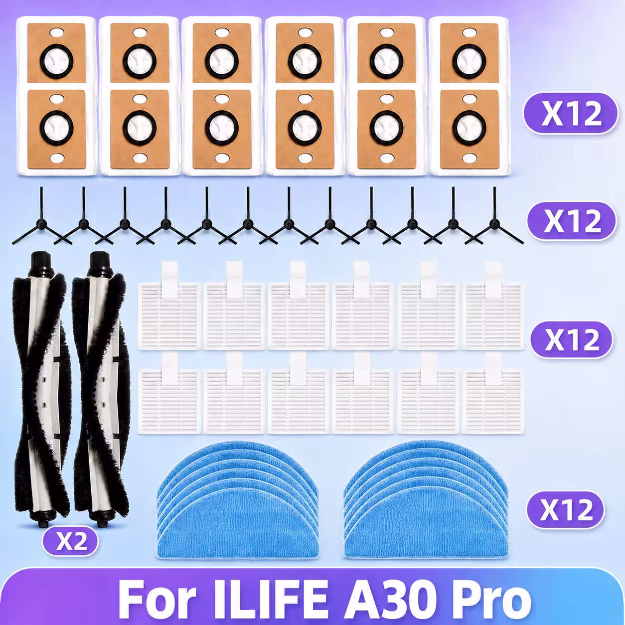 Accessori compatibili per aspirapolvere ILIFE A30 Pro: spazzole, filtro HEPA, panno per la pulizia, sacchetto.