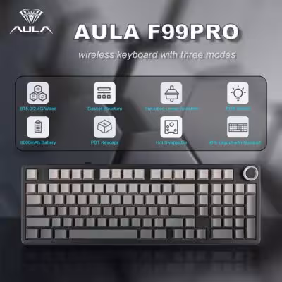 AULA F99 PRO Wireless Gaming Mechanical Keyboard 99 Keys Hot Swappable Gasket Structure 96% 8000mAh Battery Keyboard with Knob 1