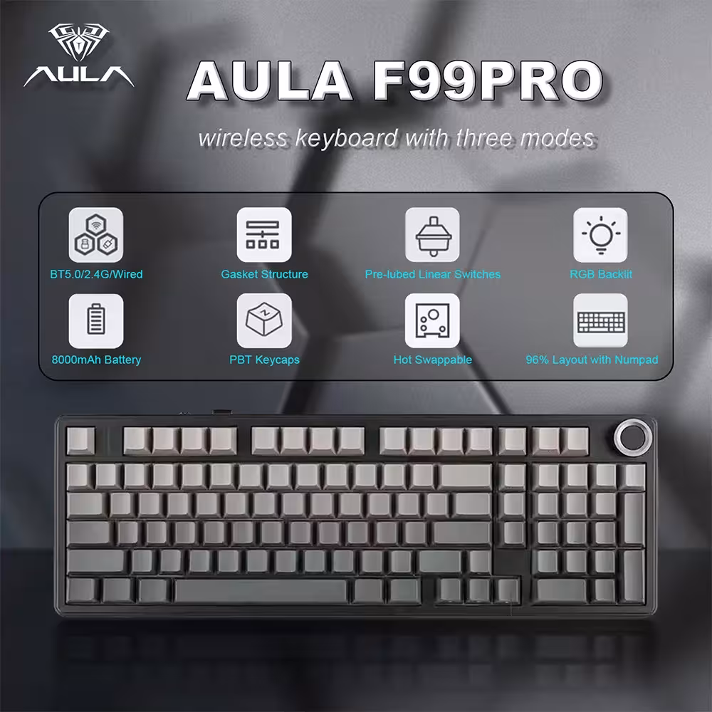 AULA F99 PRO kabellose Gaming-Mechanische-Tastatur mit 99 Tasten und Drehregler, 8000 mAh