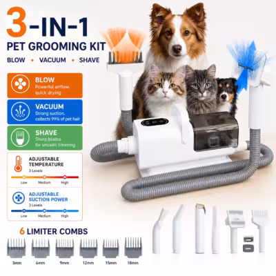 Pet Grooming Kit Cat/Dog Hair Vacuum with 2.2L Cup,Pet Hair Dryer Adjustable Speed Temperature,Low Noise Pet Hair Cleaner 1