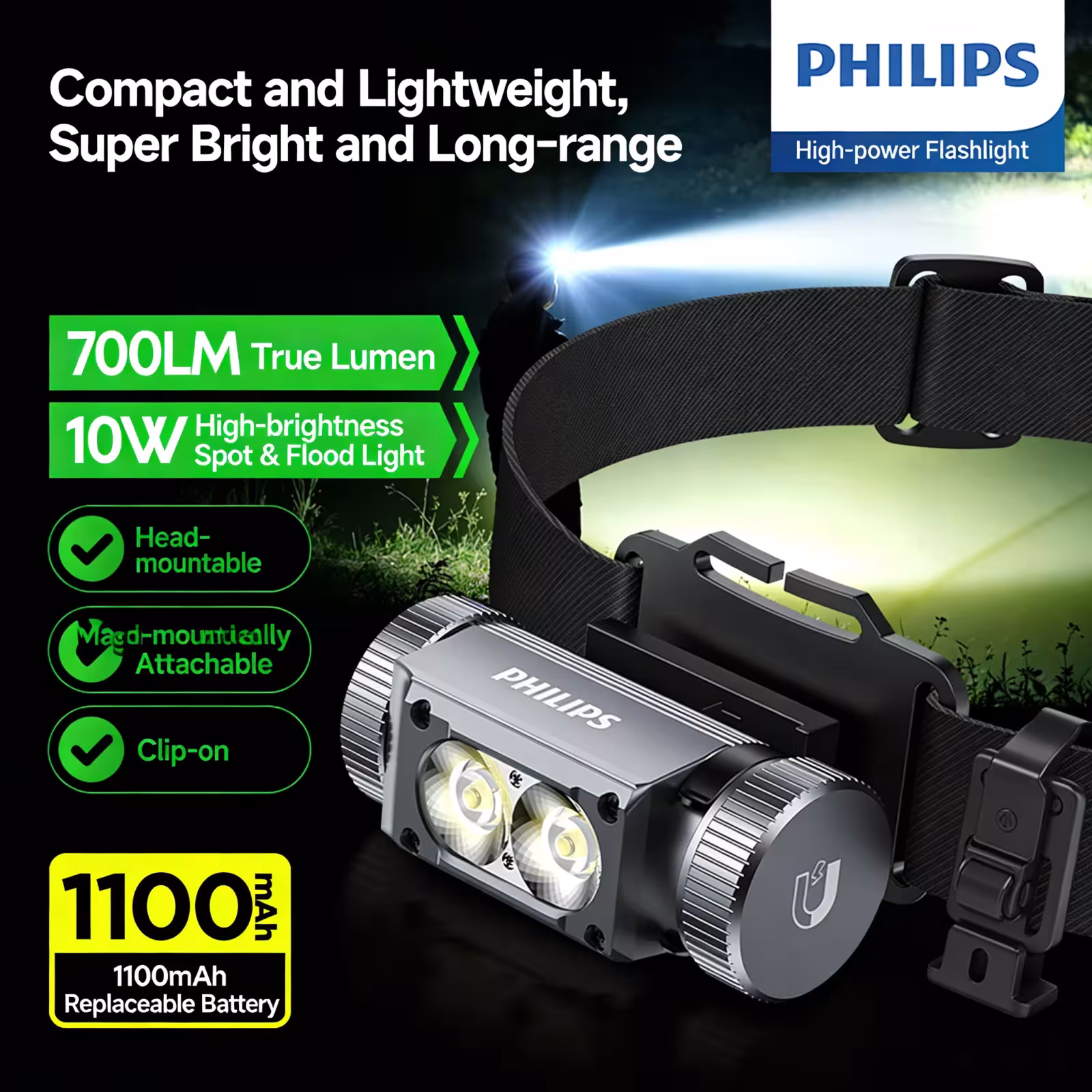Linterna frontal LED Philips SFL 3351RH con imán y batería de 5.8 horas
