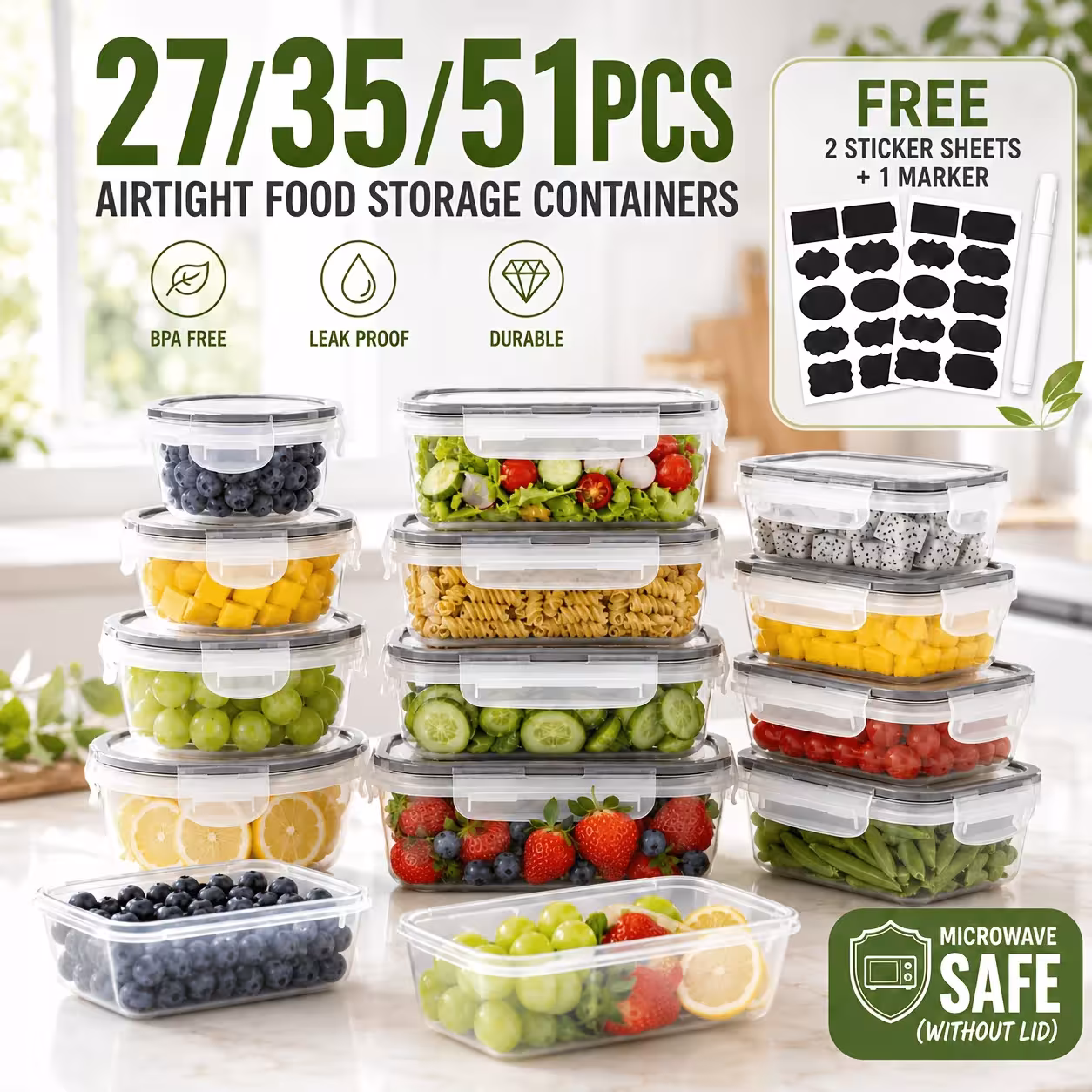 Coffret de boîtes de conservation alimentaire 27/35/51 pièces, organisateur de réfrigérateur en PP pour les légumes et les fruits.