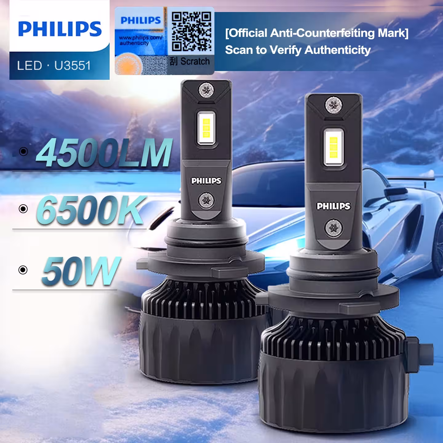Bombilla LED para coche Philips Ultinon Rally 3551 H4 H7 H11 HB3 HB4 9005 9006 HIR2 6500K 50W