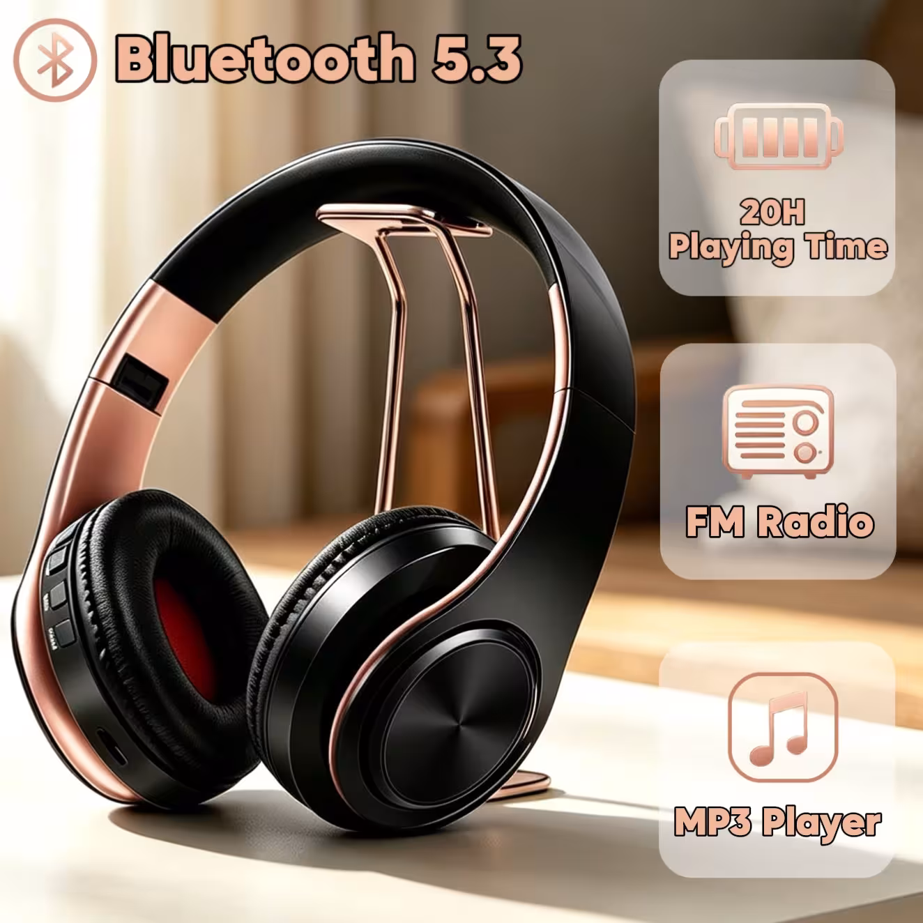 Auricolari Bluetooth 5.3 wireless con radio FM, supporto per scheda SD e microfono