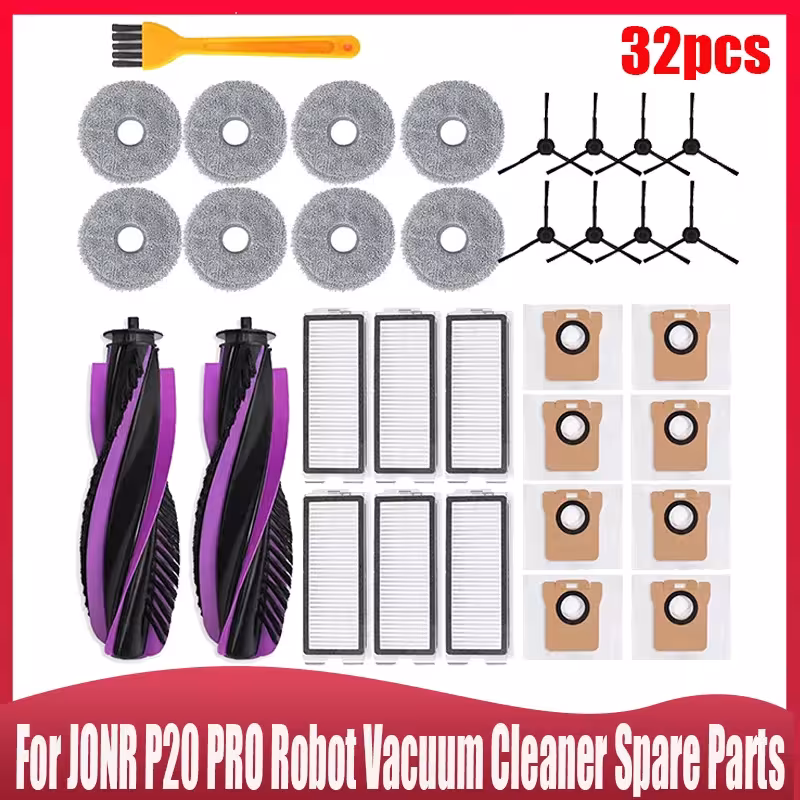 Piezas de repuesto para el robot aspirador JONR P20 PRO: cepillos, filtro HEPA, mopa y bolsa.