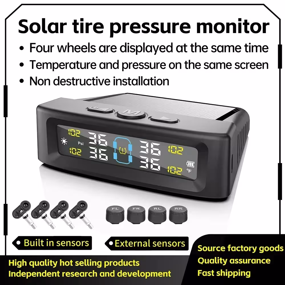 Système de surveillance de la pression des pneus TPMS, sans fil, charge solaire/USB, 4 capteurs, écran couleur.