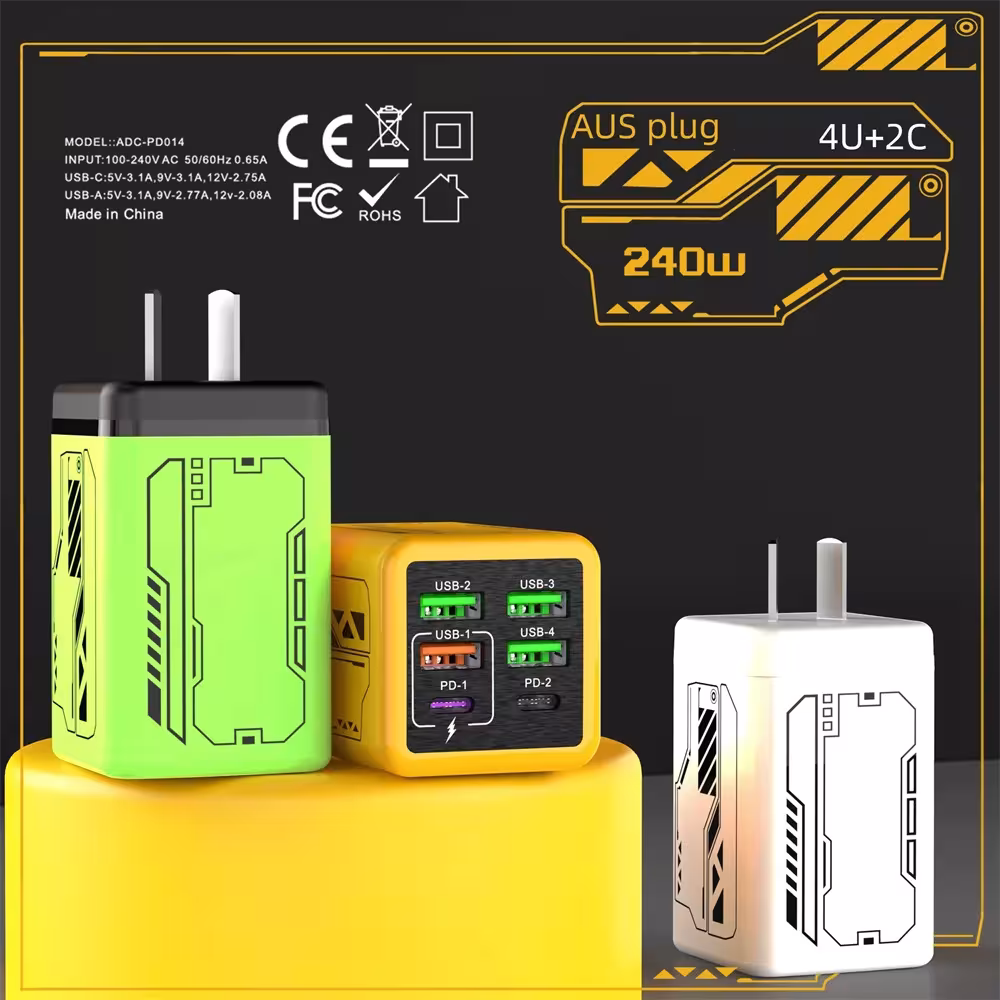 Caricabatterie GaN da 240W con porte USB e Type C per una ricarica rapida di telefoni e tablet.