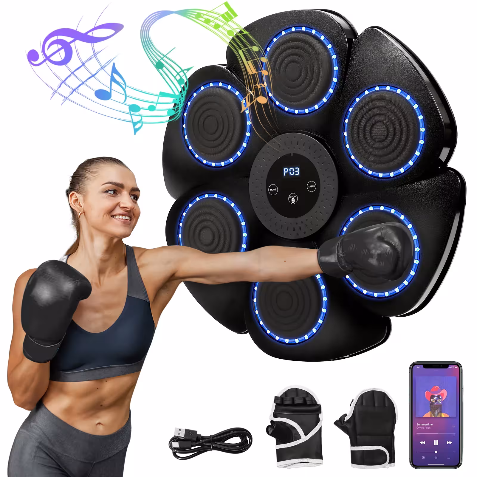 Išmanus boksavimo treniruoklis su Bluetooth, muzika ir LED RGB apšvietimu, montuojamas ant sienos