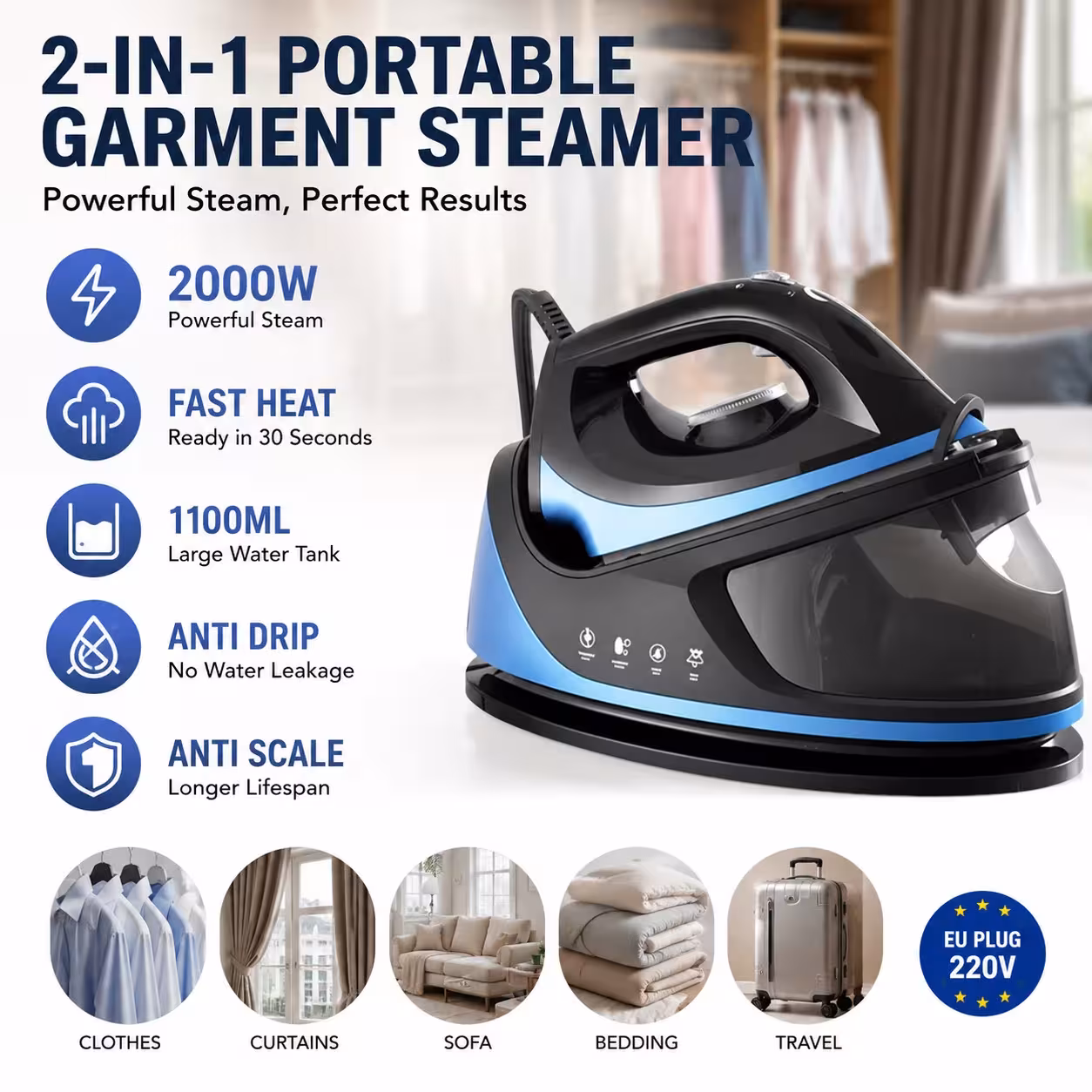 Vaporizzatore portatile per abiti 2000W, ferro da stiro verticale 2in1, capacità 1,1L