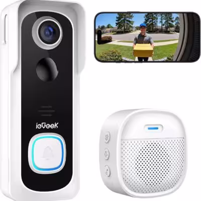 IeGeek 2K HD Doorbell Camera Wireless Video Doorbell with Indoor Chime, Smart Human Detection Instant Alert, Clear Night Vision, Only 2.4GHz WIFI, Works with Alexa 1