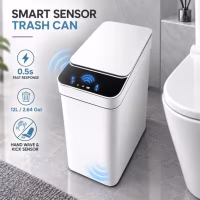 12L Touchless Automatic Trash Can, Thick ABS Smart Motion & Vibration Sensor Garbage Bin with Auto Close Lid Odor Block for Kitchen Bathroom Bedroom Office 1