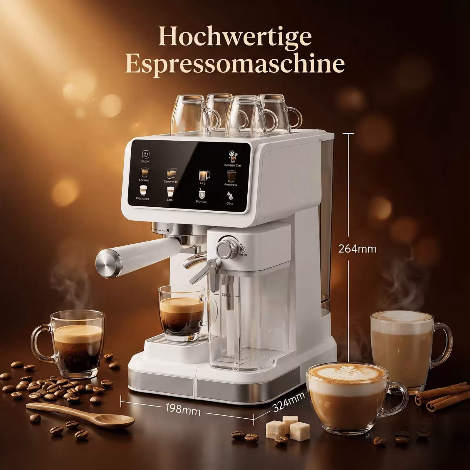 Macchina da caffè espresso italiana da 20 bar, serbatoio da 1,5 L, display touch, montalatte automatico
