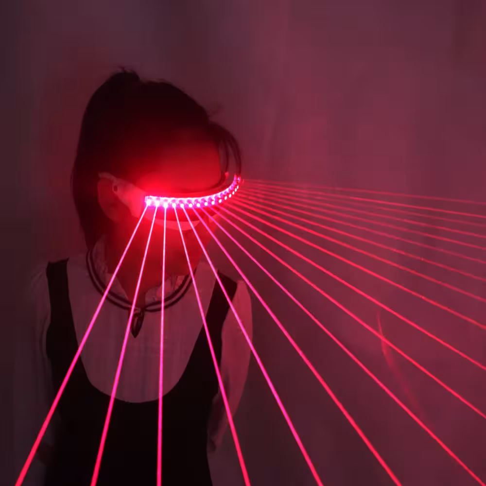Raudoni lazeriniai akiniai su LED šviesos efektais vakarėliams, 18 vnt. spindulių