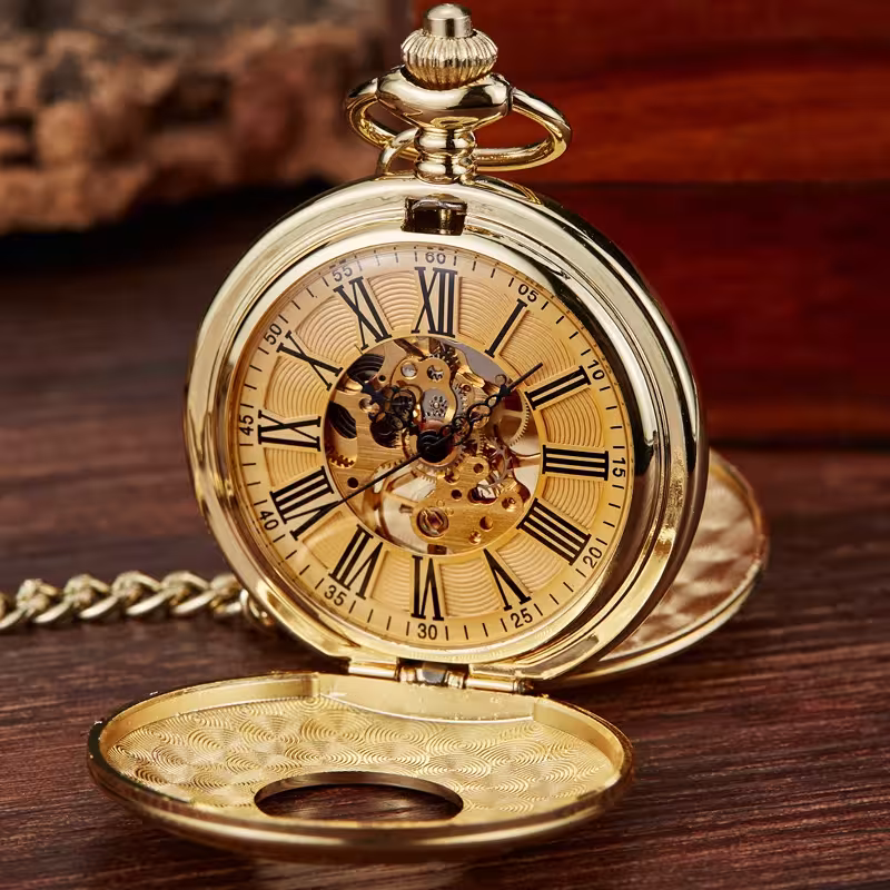 Vintage mechanical pocket watch with a double-hinged cover and a FOB chain