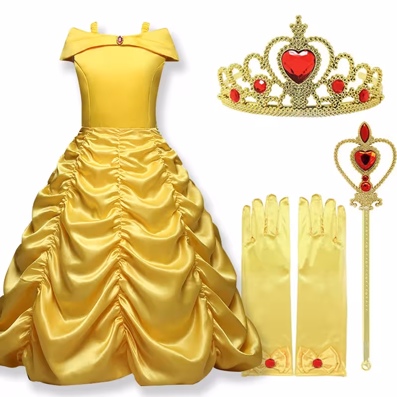 Splendido costume da principessa per bambine, costume di Belle e la Bestia con bacchetta e corona