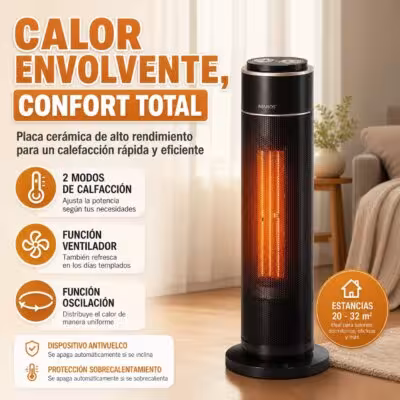 2000W Ceramic Tower Heater with Automatic Oscillation and 2 Heat Levels, Vertical PTC Electric Heater for Home and Office with Fan Function, 19.6x19.6x58cm 1
