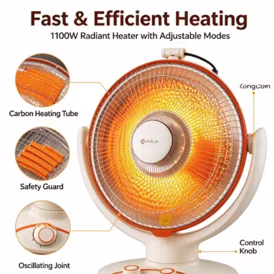 14‑Inch Desktop Radiant Electric Space Heater 550W‑1100W, Carbon Fiber Heating Tube, Oscillation & Tilt‑Angle Adjustable, Tip‑Over Protection Portable Personal Heater for Home Office Indoor Use 1