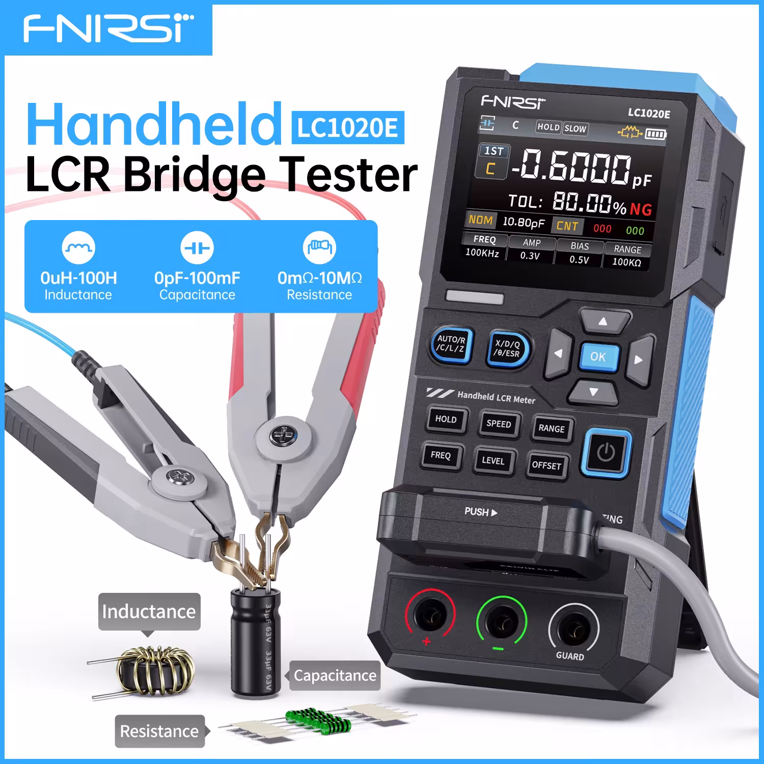 Misuratore digitale LCR ESR FNIRSI LC1020E preciso per misurare induttanza, capacità e resistenza.