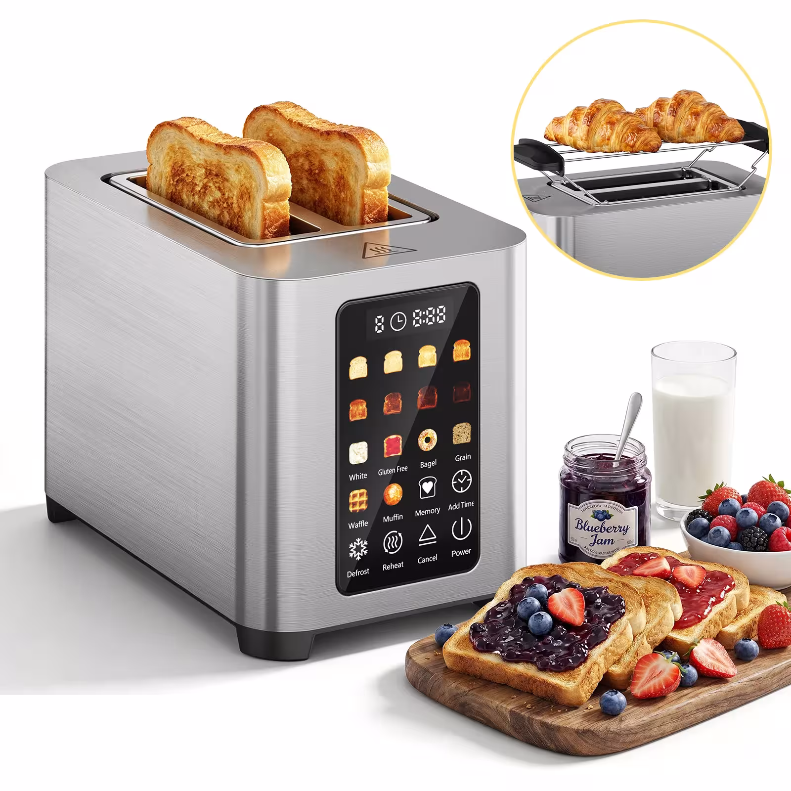 Patbrela toaster for 2 slices of bread, stainless steel, touch screen, 6 cooking modes