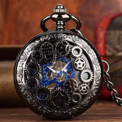 Royal Blue Roman Numerals Men's Manual Mechanical Pocket Watch Black Gears Hollow Design Pocket Chain Pendant Vintage Clock 1