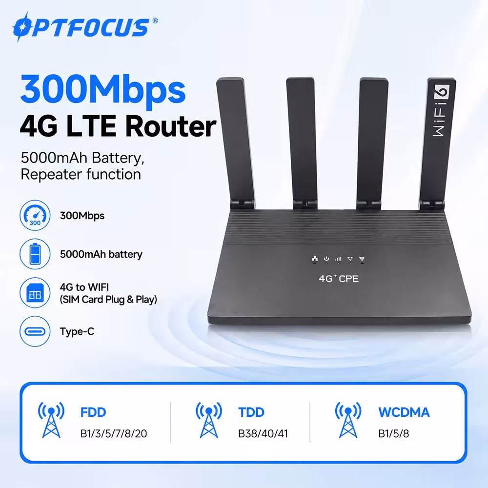 Router OPTFOCUS 4G LTE WiFi6 con slot per SIM, 4 antenne e batteria da 5000mAh
