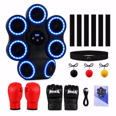 Wall Mounted Boxing Trainer, Smart Punching Machine with Bluetooth Speaker, Blue LED Light, 7 Strike Targets, 11 Modes 9 Speeds, Adhesive Tape Installation, No Drilling, Includes 2 Pairs Gloves & Reaction Balls, for Kids Adults Home Office Gym 1