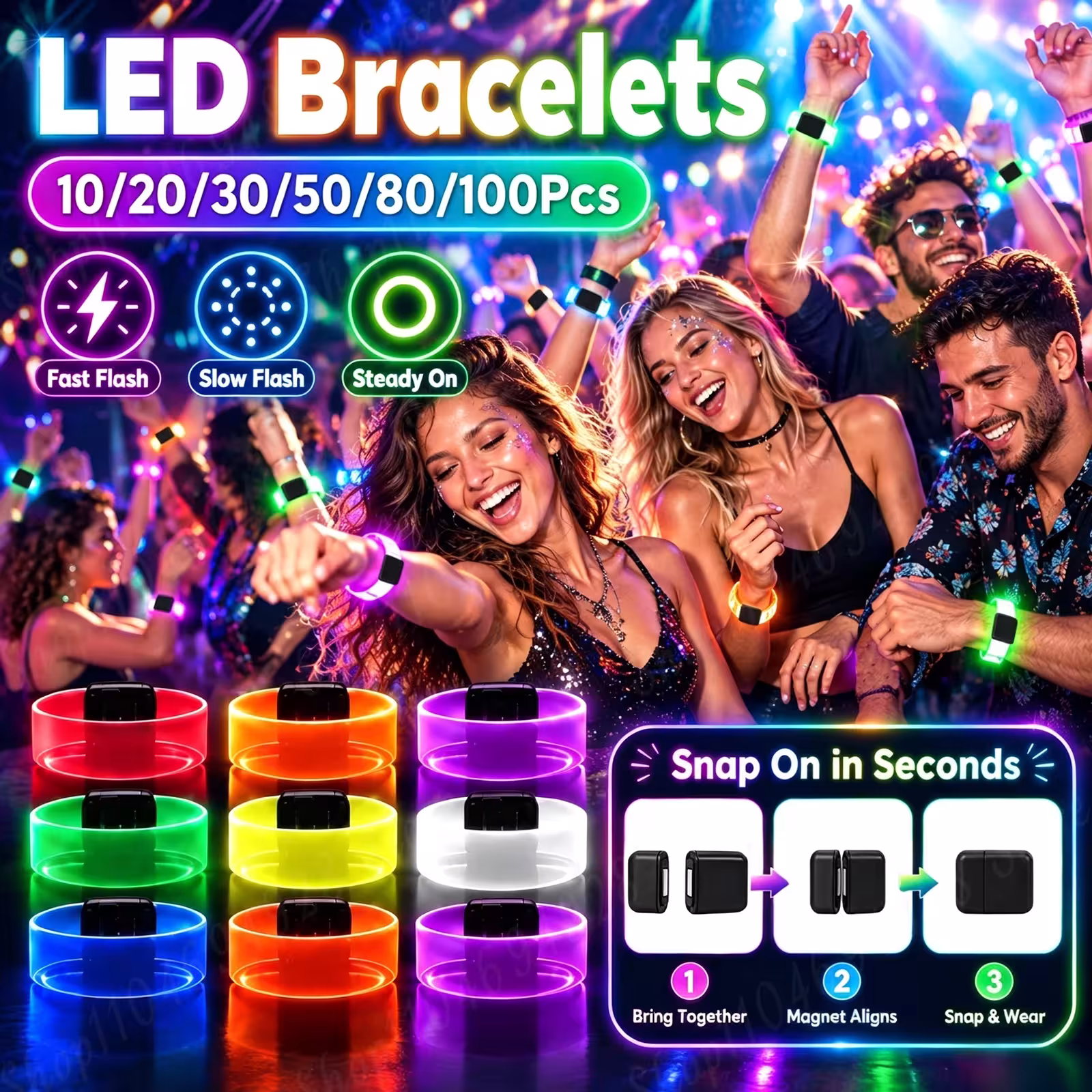 LED apyrankės vakarėliui, 10-100 vnt., šviečiančios, magnetinis užsegimas, vestuvėms ir Helovinui
