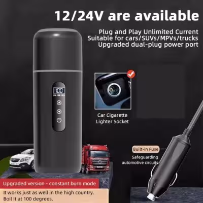 Electric Kettle 12V 24V Portable Car Heating Cup 500 ml Travel Heating Smart Stainless Steel Insulation Artifact OLED Display 2