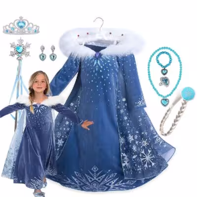 Girls Cosplay Frozen Elsa Princess Dress Children Winter Fill Sleeve Snow Queen Costume Kids Carnival Birthday Party Dresses 1