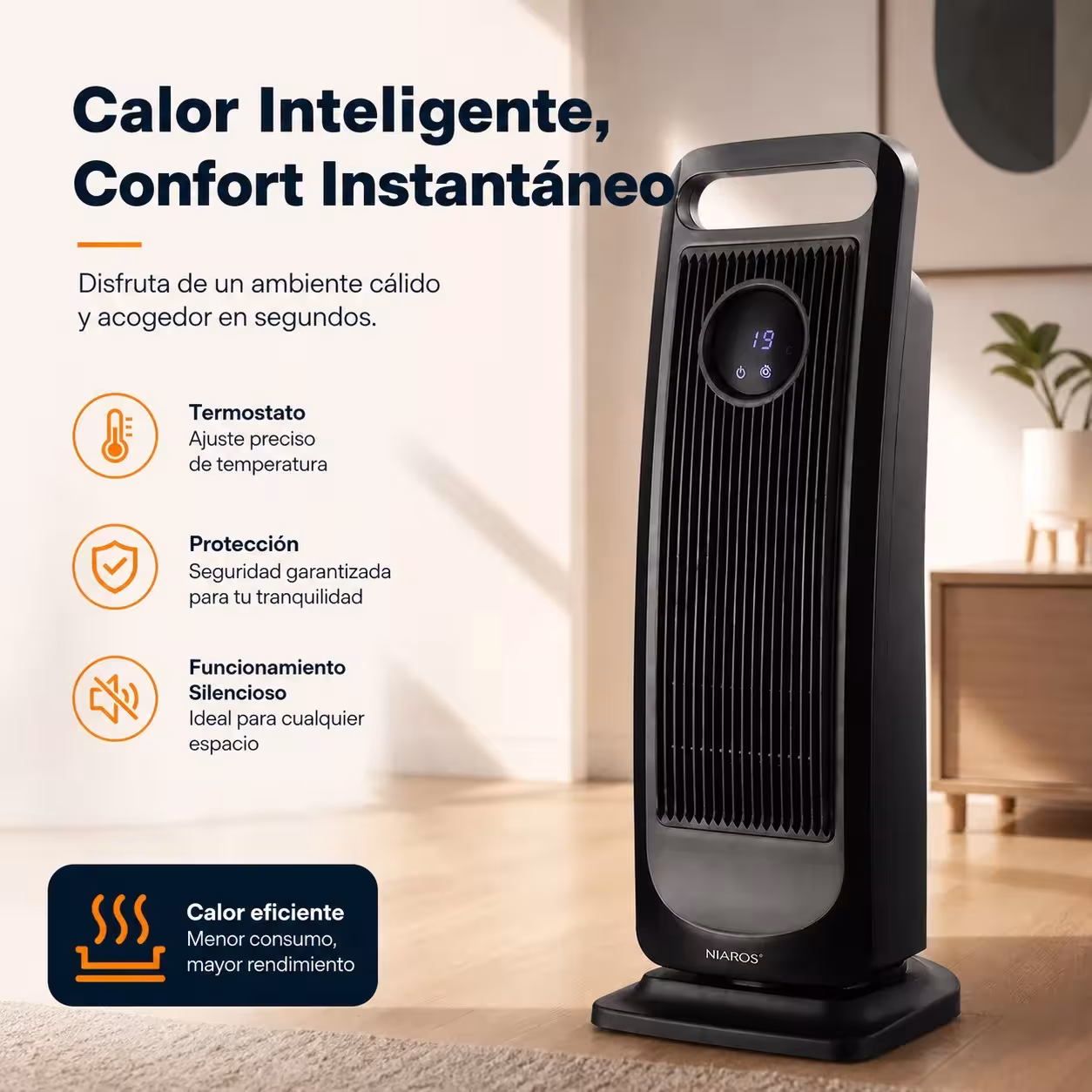 Calentador de torre de cerámica de 2000W con oscilación automática, control táctil LED y temporizador de 8 horas