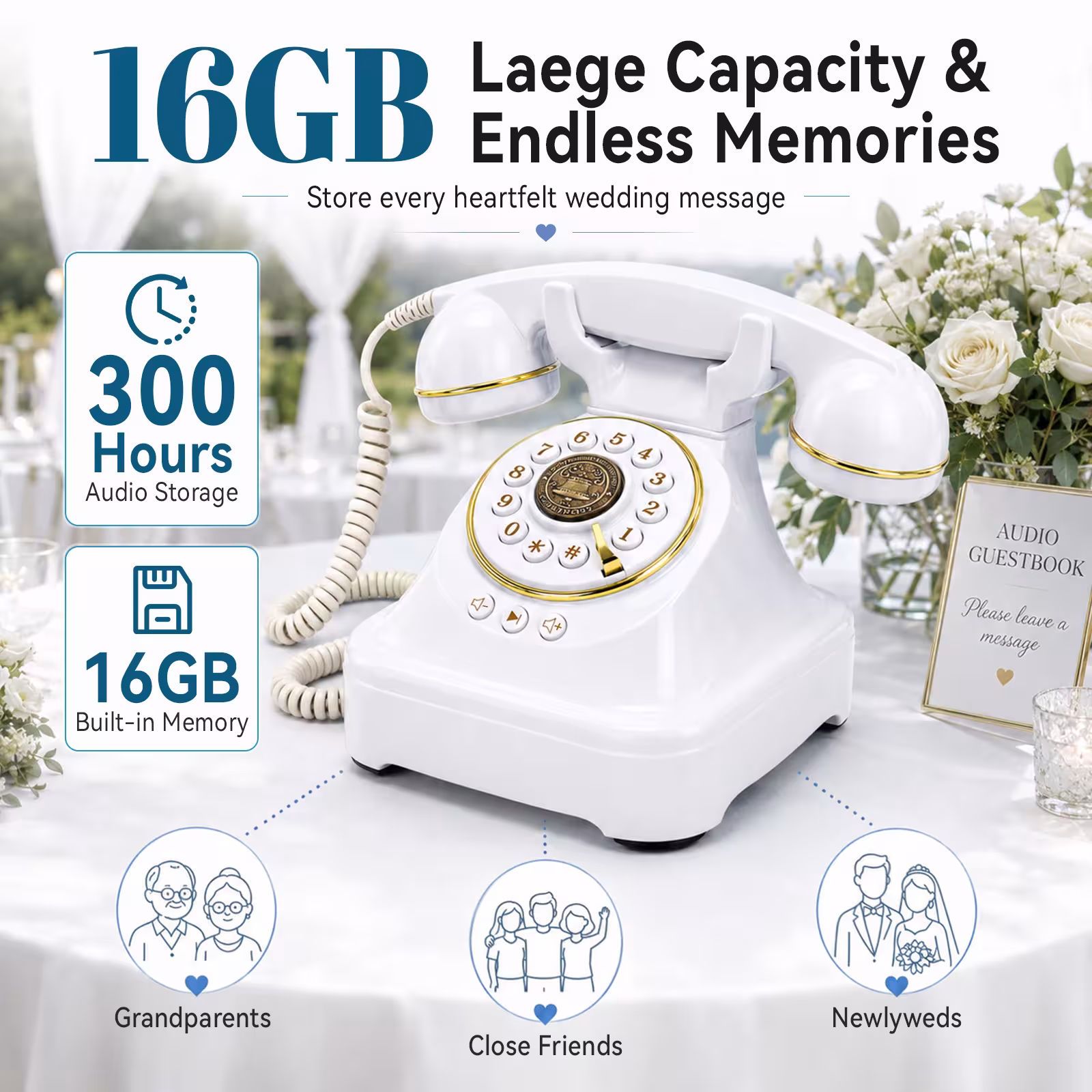 Teléfono de libro de visitas de estilo vintage con grabación de audio, 16 GB de memoria, para bodas y celebraciones