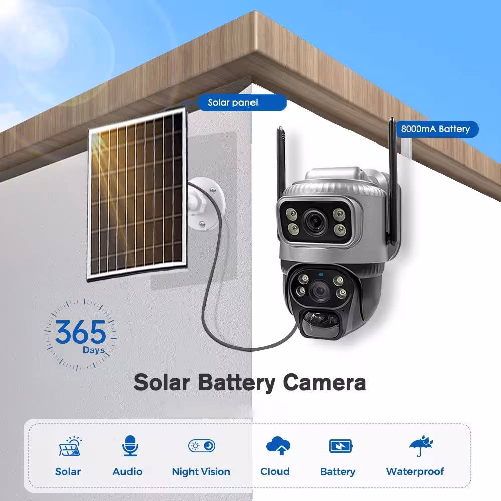 Caméra solaire V380 Pro 4G avec double objectif, 4K 8MP, vision nocturne, batterie 8000mAh