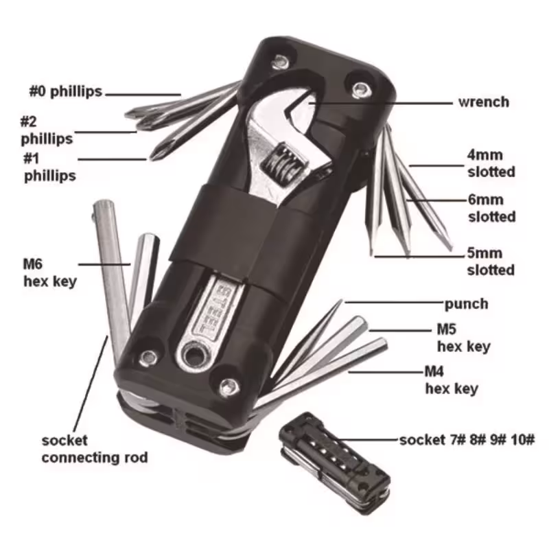 Set di utensili multifunzione per moto, ideale per la riparazione di pneumatici, con cacciaviti e chiavi.