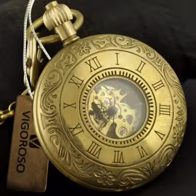 Vintage Brass Mechanical Pocket Watch Hand Winding Roman Numerals Carved Antique Watches Fob Chain Watch 1
