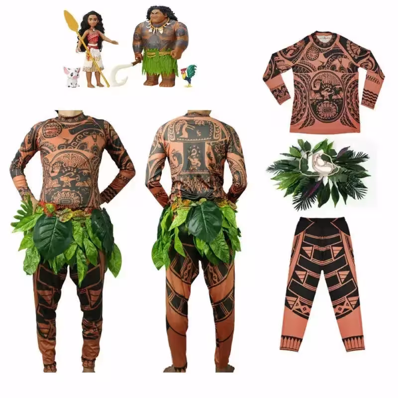 Costume Moana Maui per adulti - maglietta, pantaloni e gonna di paglia per Halloween