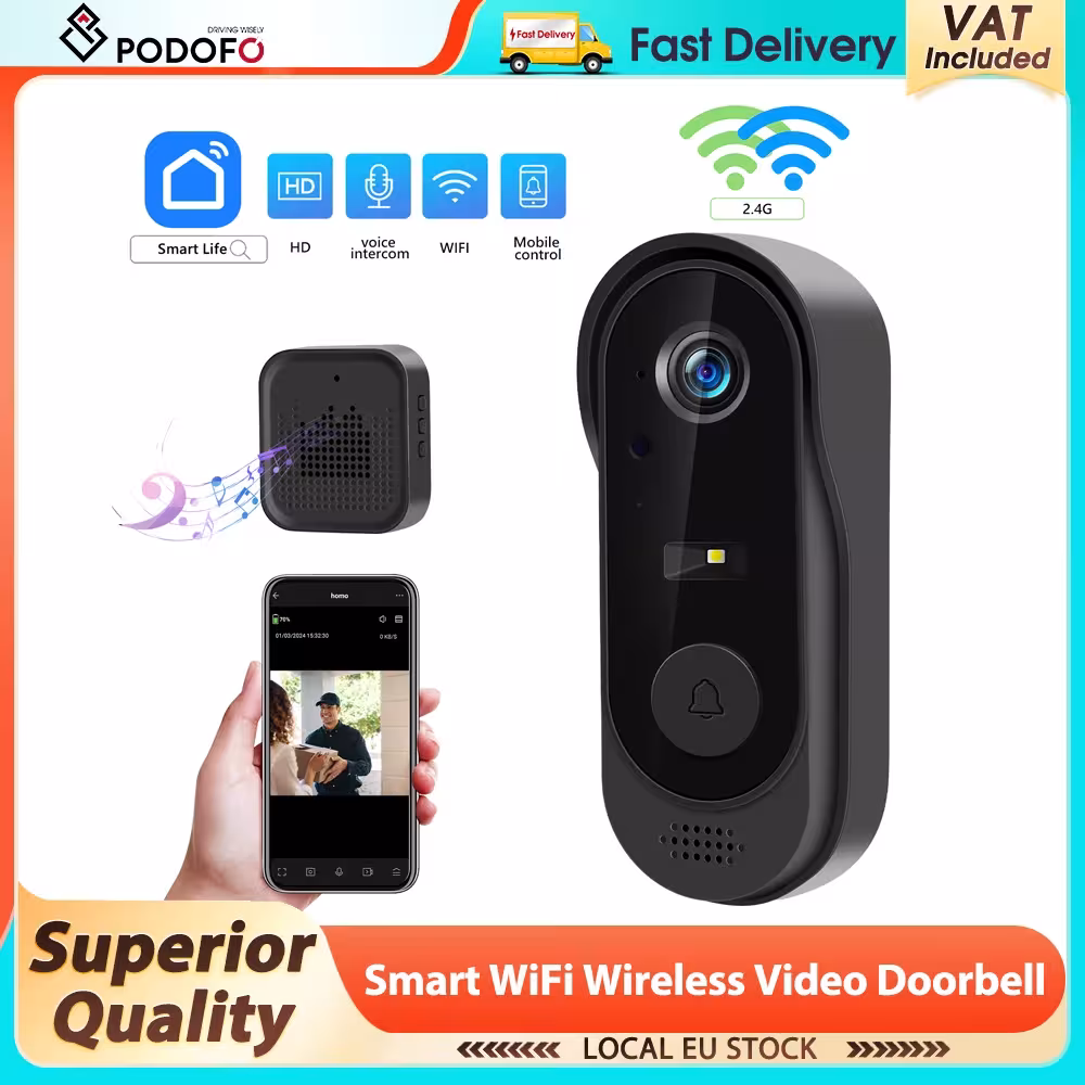 Podofo WiFi vaizdo durų skambutis su naktiniu matymu, IP64 apsauga ir programėle