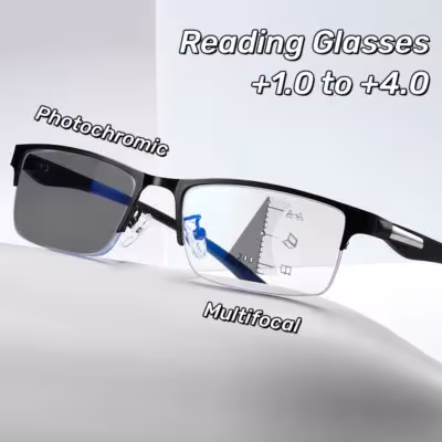 Progressive Multifocal Photochromic Reading Glasses, Anti-blue Light Far Vision Eyewear, Men Half Frame Business Presbyopia Glasses 1