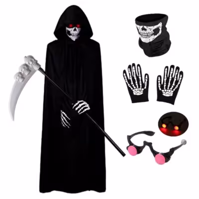 Halloween Scary Costume Grim Reaper Costume for Boys Kids Costume with Glowing Red Eyes with Gloves Mask 1