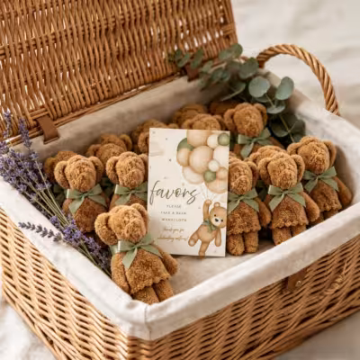 11pcs/set Mini Folded Towel Bear Gift Set with Ribbon, Bear Shaped Washcloth Doll with Decorative Standing Sign for BabyShower Party Table Decoration, Baptism Guest Favor, Gender Reveal Souvenir, Keepsake Gift for Celebration Party 1