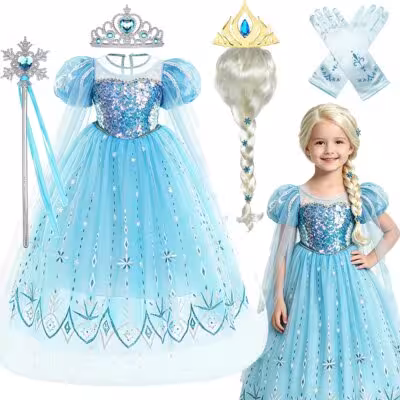 Blue Ice Queen Princess Dresses Girls Tulle Party Dress Girls Gown Kids Birthday Cosplay Elsa Costume For Girl 1