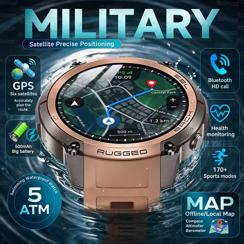 Smartwatch für Herren mit GPS, Offline-Karte, Bluetooth-Anrufen und Kompass, 1,43 Zoll AMOLED
