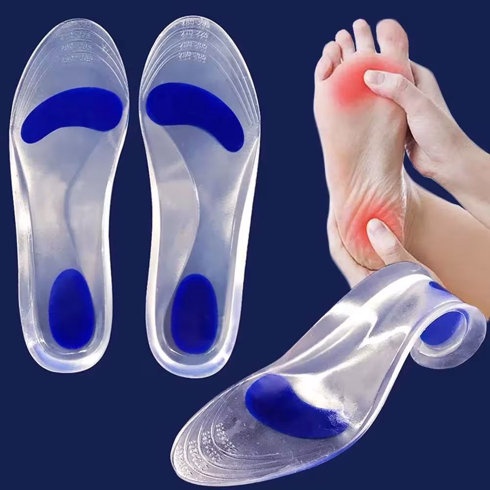 Silicone orthopedic insoles for women and men, providing arch support and cushioning.