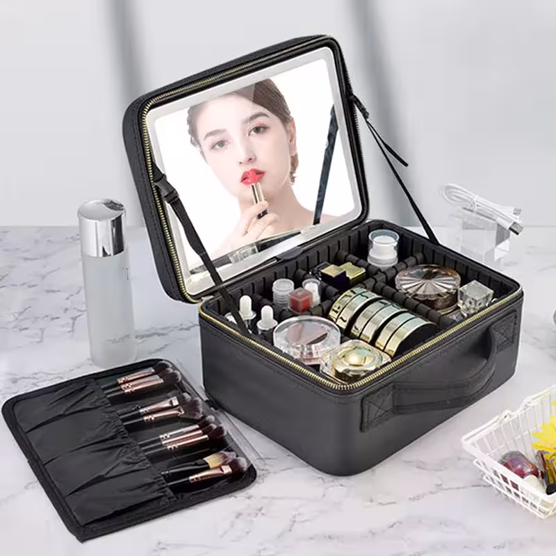Valigetta cosmetica LED intelligente con specchio per viaggi, borsa da trucco capiente