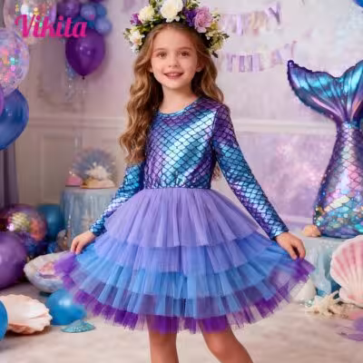 VIKITA Girls Mermaid Print Dress Kids Layered Mesh Tulle Cake Ball Gown Tutu Dresses Girl Party Performance Princess Dress 3-12Y 1