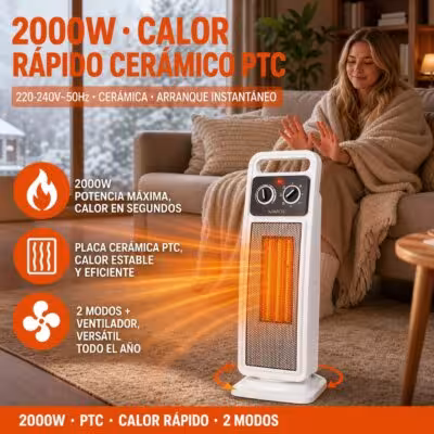 2000W PTC Ceramic Tower Heater with Automatic Oscillation, Adjustable Thermostat and 3 Heat Modes, Portable Electric Heater with Tip-Over Protection for Home 20-32m² 1