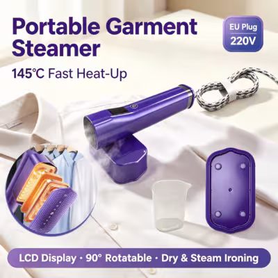 🔮✋Portable Handheld Garment Steamer, 100ML Detachable Water Tank 8 Mins Continuous Strong Steam 145°C Fast Heat Mini Travel Clothes Wrinkle Remover, 90° Rotatable Iron Head LCD Digital Display Anti-Scald Base Steam Iron for Home Business Trip Hotel 1